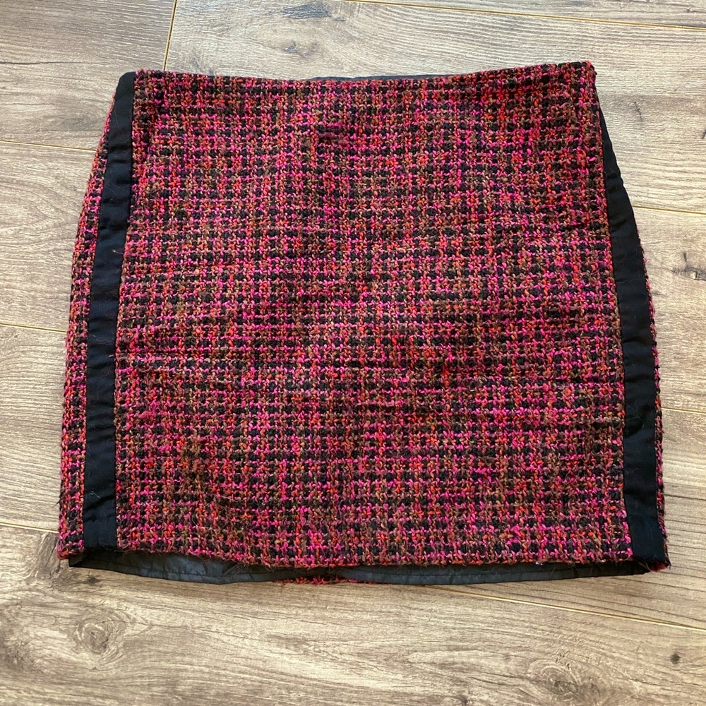 Dalia Collection pink, red and black tweed mini skirt